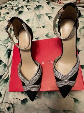 Kelly & Katie Black Pointed-Toe Ankle-Strap Heels with Silver Crystal Accents